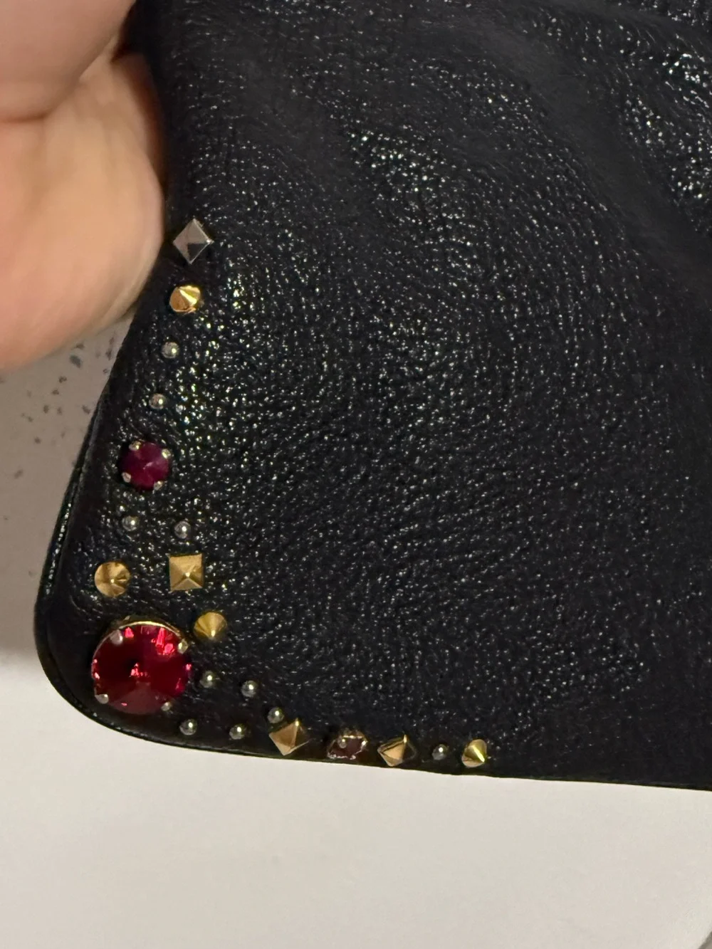 Miu Miu Black Leather Studded Clutch with Red Gem Accents